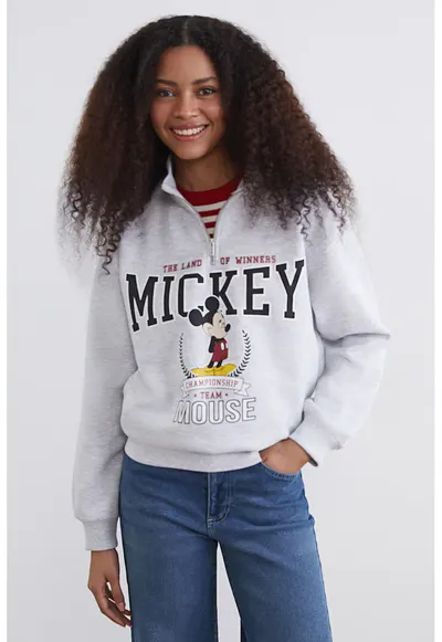 Bluza de trening supradimensionata cu Mickey Mouse - Gri melange