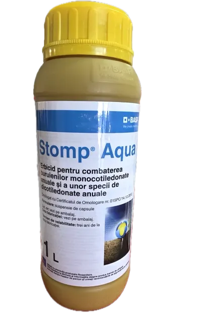 Stomp Aqua 1L, erbicid preemergent selectiv, BASF, combate buruienile monocotiledonate anuale si unele dicotiledonate anuale in culturile de porumb, floarea soarelui, grau, ceapa, vita de vie, pomi fructiferi, tomate, orz, cartof - Default Title