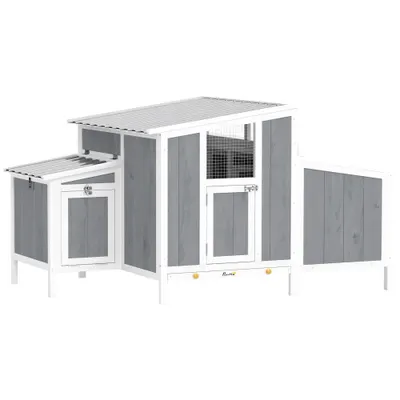 PawHut Cotet din lemn pentru găini cu ușă încuiabilă, cuib, acoperiș PET impermeabil pentru 3-4 găini, 145x90x92 cm, Gri | Aosom Romania