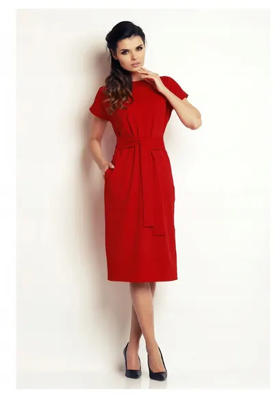Rochie eleganta midi cu cordon in talie si decolteu barca - - Rosu