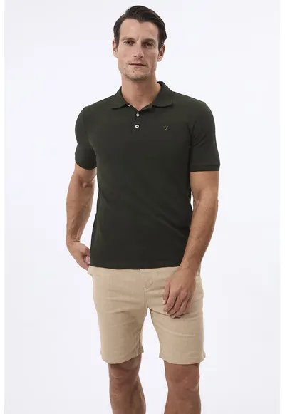Tricou polo cu fenta cu nasturi - Kaki