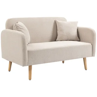 HOMCOM Canapea cu 2 locuri, Canapea, Design Modern, Incl. 2 Perne, Picioare din Lemn, 130 x 70 x 80 cm, Crem | Aosom Romania