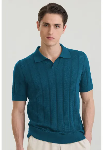 Tricou polo din bumbac cu aspect tricotat - Albastru petrol