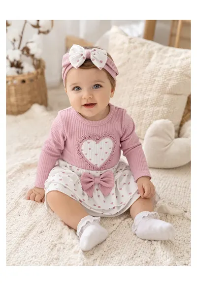 Set bebe fetita 3 piese body fustita si bentita cu inimioare - bumbac nou nascut