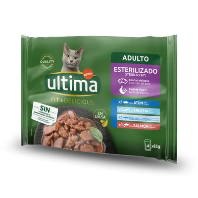 Hrana umeda pisici, Ultima Cat, Adult Sterilizat Fit & Delicious Multipack, Ton, Pastrav, Somon & Peste Oceanic, 4x85 g
