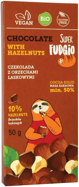 Ciocolată bio vegană fără gluten cu alune, 50 g, Super Fudgio