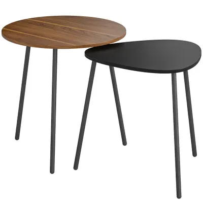 HOMCOM Set 2 Măsuțe de Cafe Suprapunibile cu Cadru din Metal Nuc și Negru | Aosom Romania