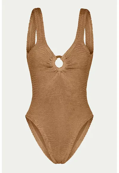 Costum de baie intreg texturat cu decolteu in V - Maro camel
