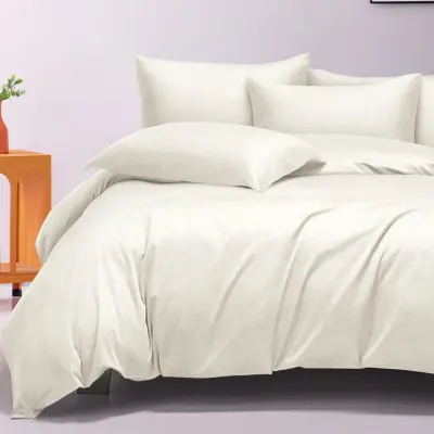 Lenjerie pat dublu, Finet tip Damasc cu Frunze, 6 piese, Crem