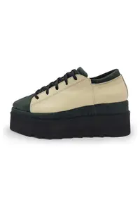 Pantofi casual wedge de piele si piele intoarsa - Verde inchis/Bej deschis