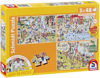 Puzzle pentru copii Schmidt din 3 x 48 piese - Distracție la grădina zoologică