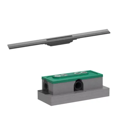 Set rigola liniara de dus cu gratar din inox 800 mm, crom negru periat, corp de baza pentru instalare inclus, Hansgrohe RainDrain Flex
