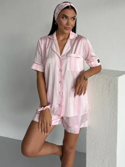 Set pijama dama din doua piese, cu nasturi – 2600045, Roz