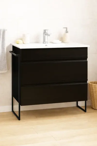 Set Baza front MDF si Lavoar seria 086, cadru metalic, cu sertare, montata, 80 cm, negru