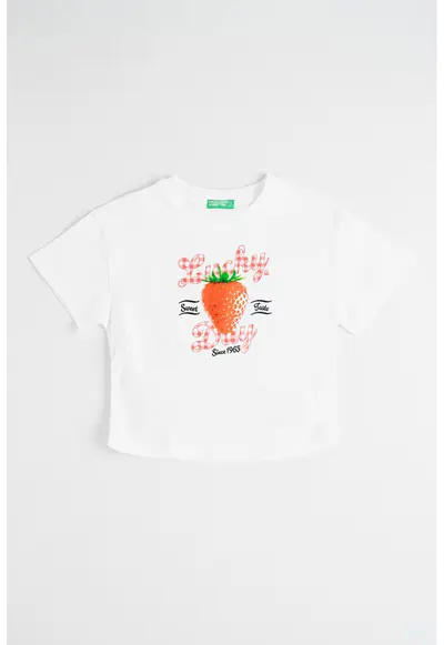 Tricou cu decolteu la baza gatului si imprimeu cu fructe - Alb