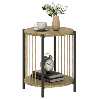 HOMCOM Masă Auxiliară Rotundă de 2 Nivele cu Raft și Structură de Oțel pentru Sufragerie Dormitor 43,5x43,5x51 cm Lemn Natural | Aosom Romania