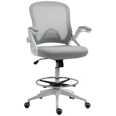 Vinsetto Scaun de birou ergonomic, cu înălțime reglabilă, suport picioare, brațe rabatabile, plasă respirabilă, 360° rotativ, gri/alb | Aosom Romania