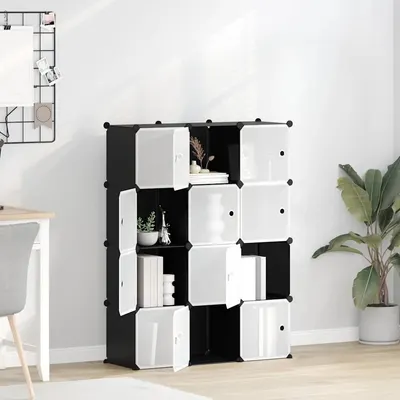 vidaXL Organizator cub de depozitare cu uși, 12 cuburi, negru, PP