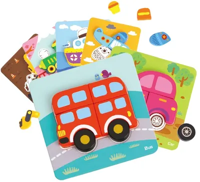 Puzzle 3D din lemn Tooky Toy - Transportation, 6in1