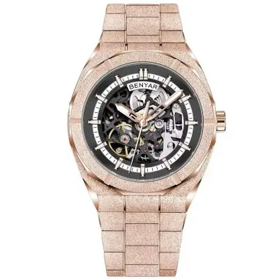 Ceas bărbătesc BENYAR BY-5212M, auriu roze, cadran negru skeleton, mecanic automat, oțel inoxidabil