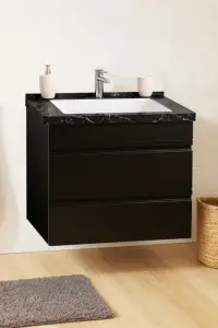 Set Baza front MDF si Lavoar seria 886, suspendata, cu sertare, montat, 60 cm, negru