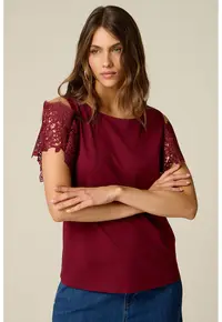 Tricou cu maneci crosetate din dantela - Violet pruna