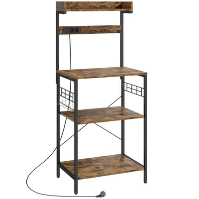 HOMCOM Estantería de Cocina con 2 Tomacorrientes Estante para Microondas Estante Ajustable Ganchos 60x42x137 cm Marrón Rústico | Aosom Romania