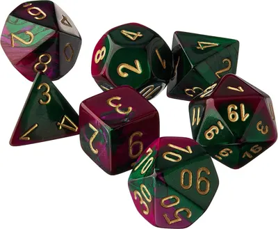 Set de zaruri Chessex Gemini Green-Purple/Gold Polyhedral (7 buc.)