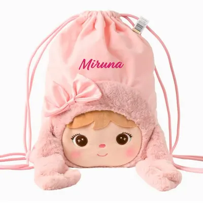 Saculet personalizat Iepuras Pufos Roz cu fundita
