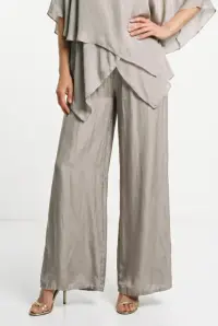 Pantaloni lungi tip palazzo, drepti, cu dublura, din matase si vascoza, grej