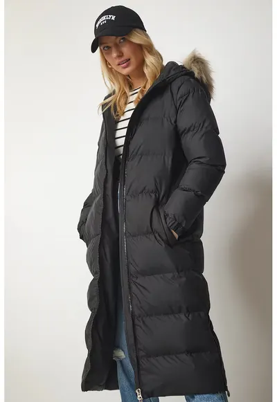 Geaca dama - Happiness Istanbul - lung - oversized - gluga - poliester - negru