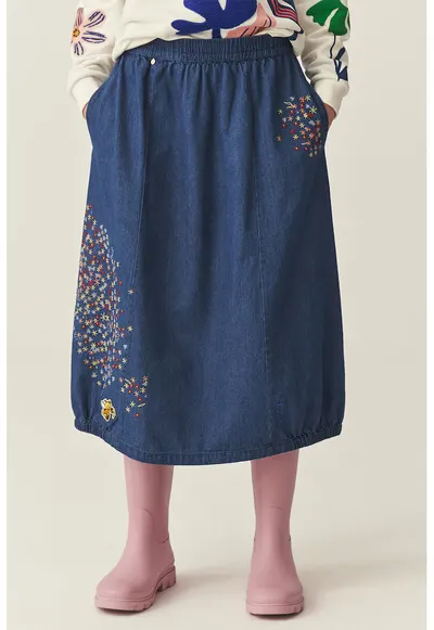 Fusta midi din denim cu broderii florale - Albastru oceanic
