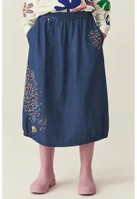 Fusta midi din denim cu broderii florale - Albastru oceanic
