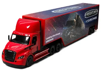 Jucărie pentru copii Kinsmart - Camion metalic Freightliner eCascadia cu container, 1:62, roșu
