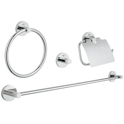 Set 4 in 1 Grohe Essentials Master 40776001, Cuier, Suport prosop si Hartie igienica, Fixare perete ascunsa, Argintiu