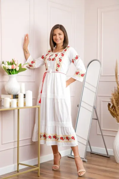 Rochie alba cu motiv floral rosu Corina 02