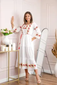 Rochie alba cu motiv floral rosu Corina 02
