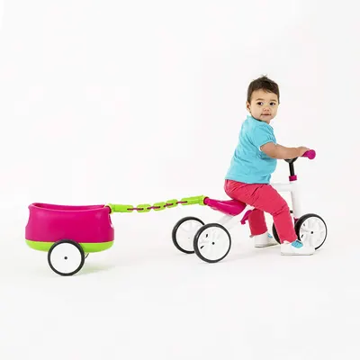 Bicicletă roz cu 4 roți, fără pedale, reglabilă pe înălțime și remorcă detașabilă