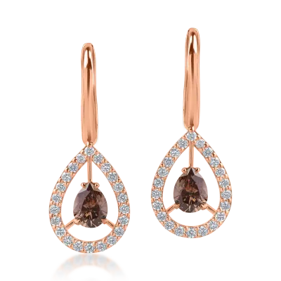 Cercei din aur roz cu diamante maro pear de 0.98ct si diamante incolore de 0.47ct