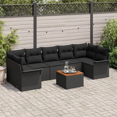 Set canapea gradina Gossi cu 8 piese si perna neagra ratan poly acacia, canapea gradina Gossi pentru doua persoane cu spatiu de depozitare & pernite neagra ratan poly
