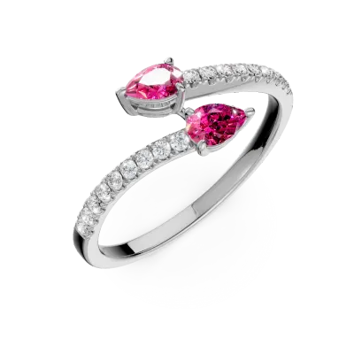 Inel deschis din aur alb cu rubine pear de 0.3ct si diamante de 0.1ct
