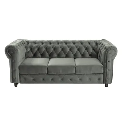 Canapea fixa CHESTERFIELD, 3 locuri, cu arcuri, gri deschis, 205x90x80 cm