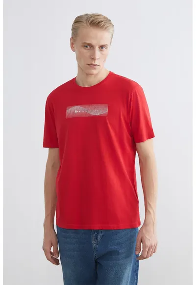 Tricou din bumbac cu decolteu la baza gatului si imprimeu grafic - Rosu vermillion