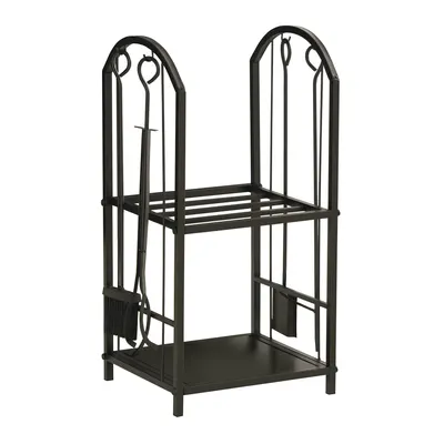 Outsunny Suport pentru Lemne cu 2 Rafturi, Lopată, Mătură și Clește, 41,5x32,5x74,5 cm, Negru | Aosom Romania