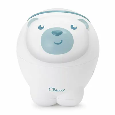 Proiector de pat, Chicco, Urs polar, 2 in 1, Cu muzica si sunete naturale, Functie de activare si dezactivarea proiectie, 2 trepte de volum, 13x13x14.5 cm, Albastru