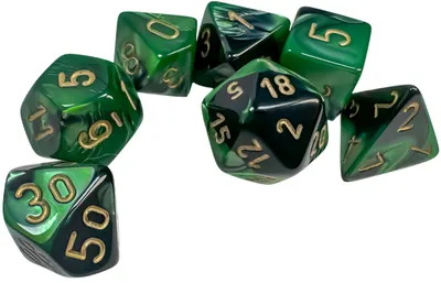 Set de zaruri Chessex Gemini Black-Green/Gold Polyhedral (7 buc.)