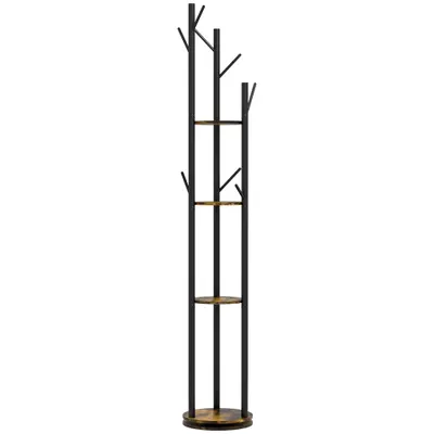 HOMCOM Suport Haine, Rotativ, cu 4 Rafturi și 8 Cârlige, stander haine pentru Hol, Dormitor, Living, 30x30x175 cm, Maro Rustic | Aosom Romania