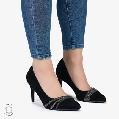 Pantofi Eleganți dama din Piele Naturala INTOARSA cu strasuri si toc subtire CRL0983 NEGRU