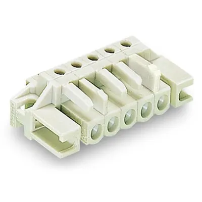 THT female header; 0.6 x 1.0 mm solder pin; angled; 100% protected against mismating; Spacer flange; Pin spacing 5 mm; 3-pole; light gray