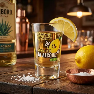 Pahar pentru shot, 7cm, cu mesajul Când viața îți dă lămâi, vinde-le și ia alcool!